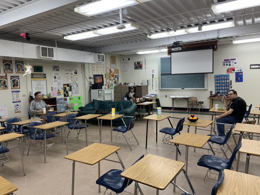 During the "distance learning" Chromebook distribution April 1, teachers enjoy chipotle and practicing physical distancing in room C-15. (Covid-19,  April 1, 2020)