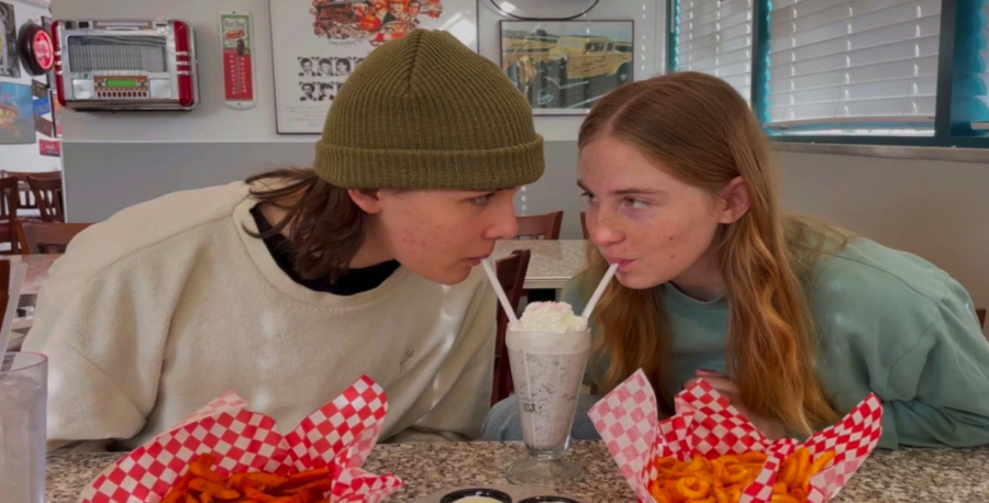 Weinberg and Keaton Martin share a milkshake during a scene in her short film, Forbidden Love. Her film won Adam Bearsons Valentines Day film contest.