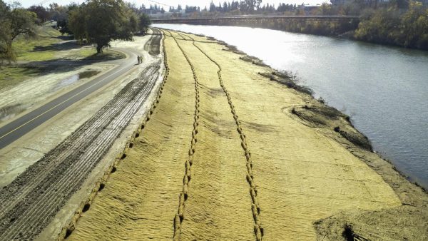 Construction on the American River levee near the Guy West Bridge at Sac State. Photo from the Army Corps of Engineers.