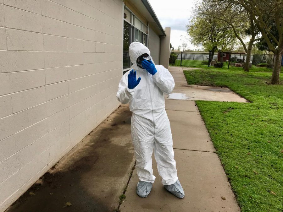 Atticus Cottula comes to campus in protective gear on March 17, three days after school closed for Covid-19.