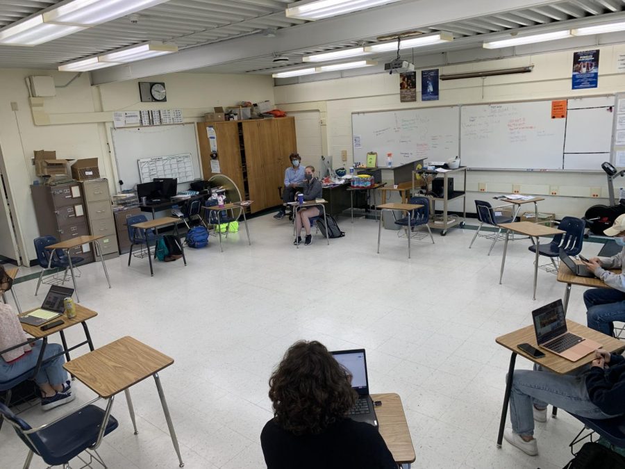 Currently sparsely populated, there will soon be more students in teacher Michael Mahoney's A-wing classroom as Cohorts A and B merge and students come on campus 4 days a week. Desks will still remain the appropriate distance of 3 feet away as recommended by new CDC guidelines for Covid-19 restrictions.